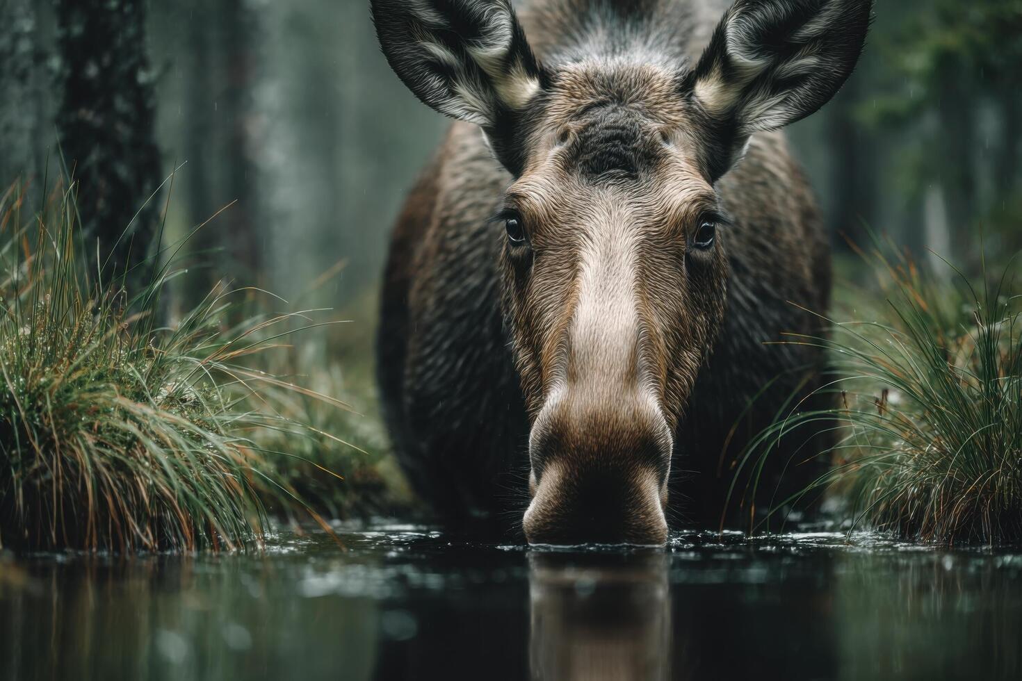 A moose stands in a serene forest clearing, drinking from a calm pool of water amidst tall grass and trees at dawn photo