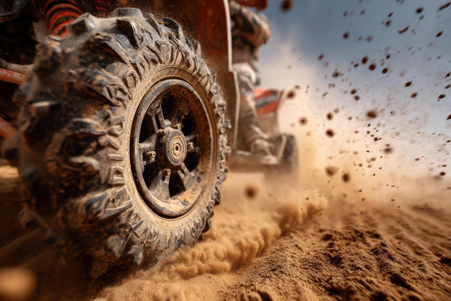 An all-terrain vehicle navigates through sandy terrain, sending clouds of dust into the air under a clear blue sky photo