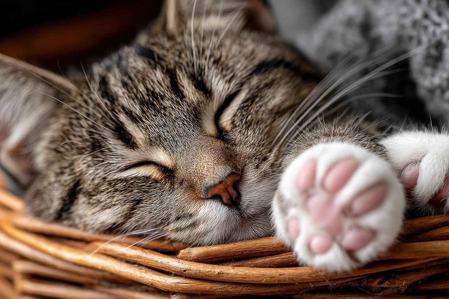 A tabby cat naps soundly in a woven basket, its paws tucked in, surrounded by a soft blanket, creating a serene atmosphere photo