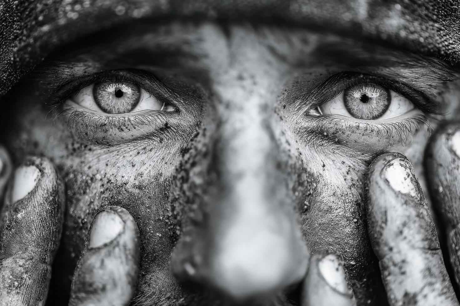 A close-up view of an individual with striking blue eyes, face smudged with dirt, expressing the physical demands of manual labor photo