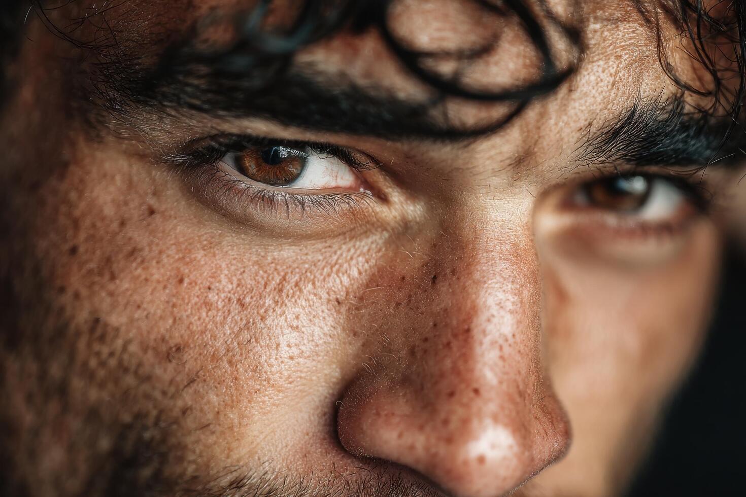 A man with curly hair stares intently, his expressive eyes revealing a blend of emotions, illuminated by soft natural light photo