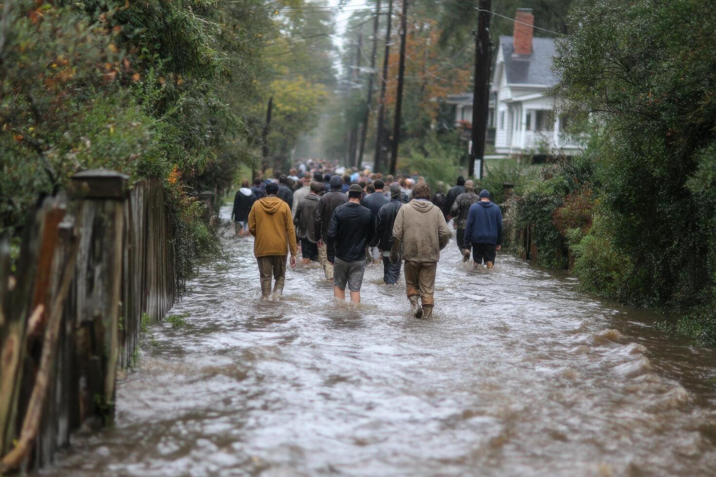 People navigate through deep water in a flooded area of their neighborhood following significant rainfall during the fall season photo