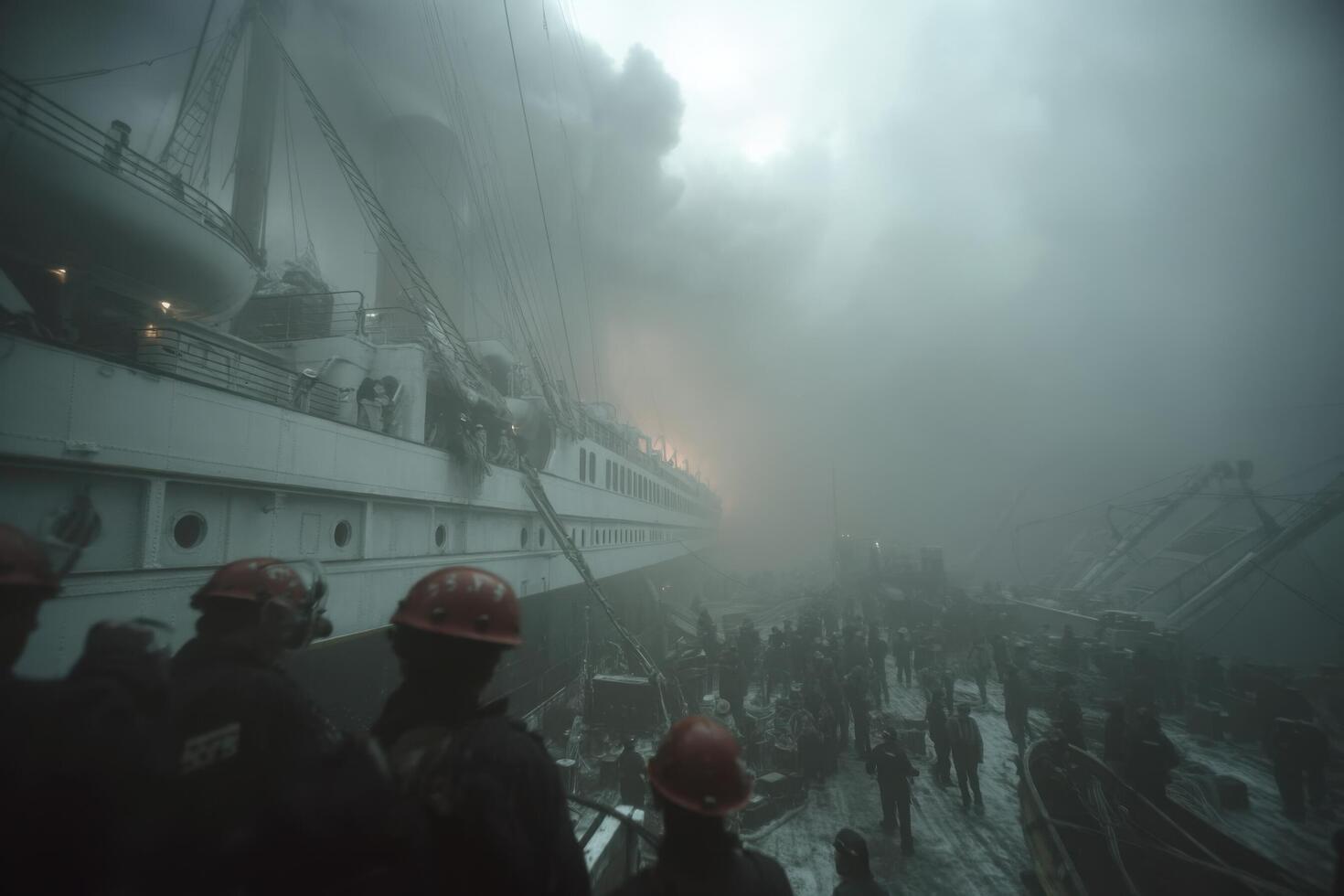 Rescue workers navigate thick smoke and fire at a harbor, urgently battling flames threatening a large ship, creating a scene of chaos and bravery photo