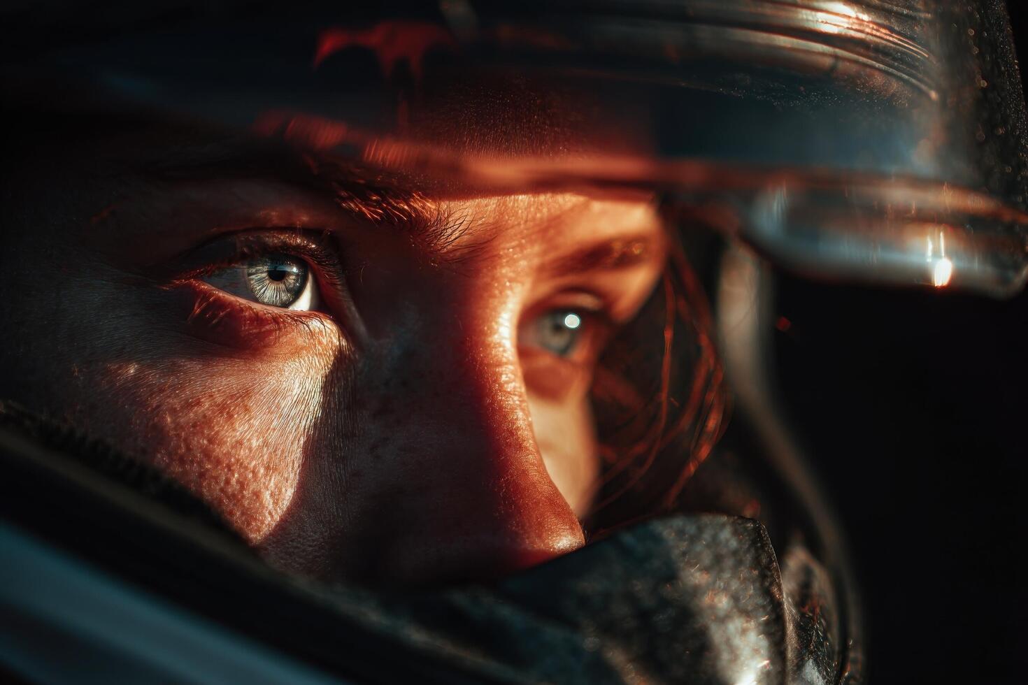 Intense gaze of a race car driver behind a helmet, captured during twilight, showcasing determination and readiness for the race photo