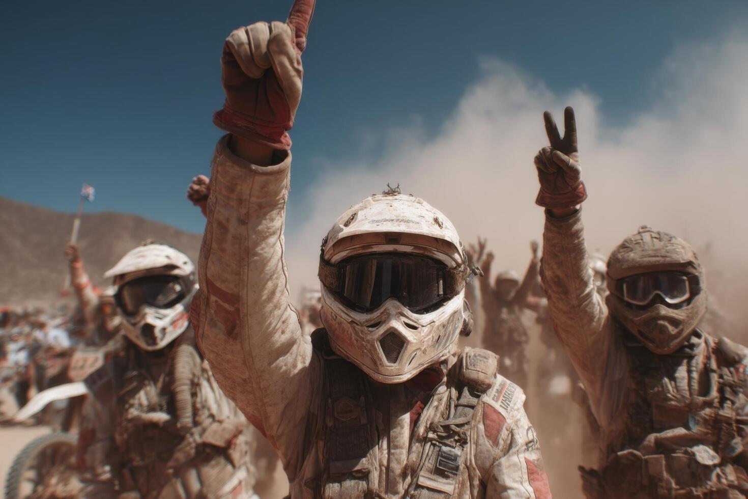 Off-road racers rejoice in a dusty desert during a competitive event, showcasing excitement and camaraderie photo