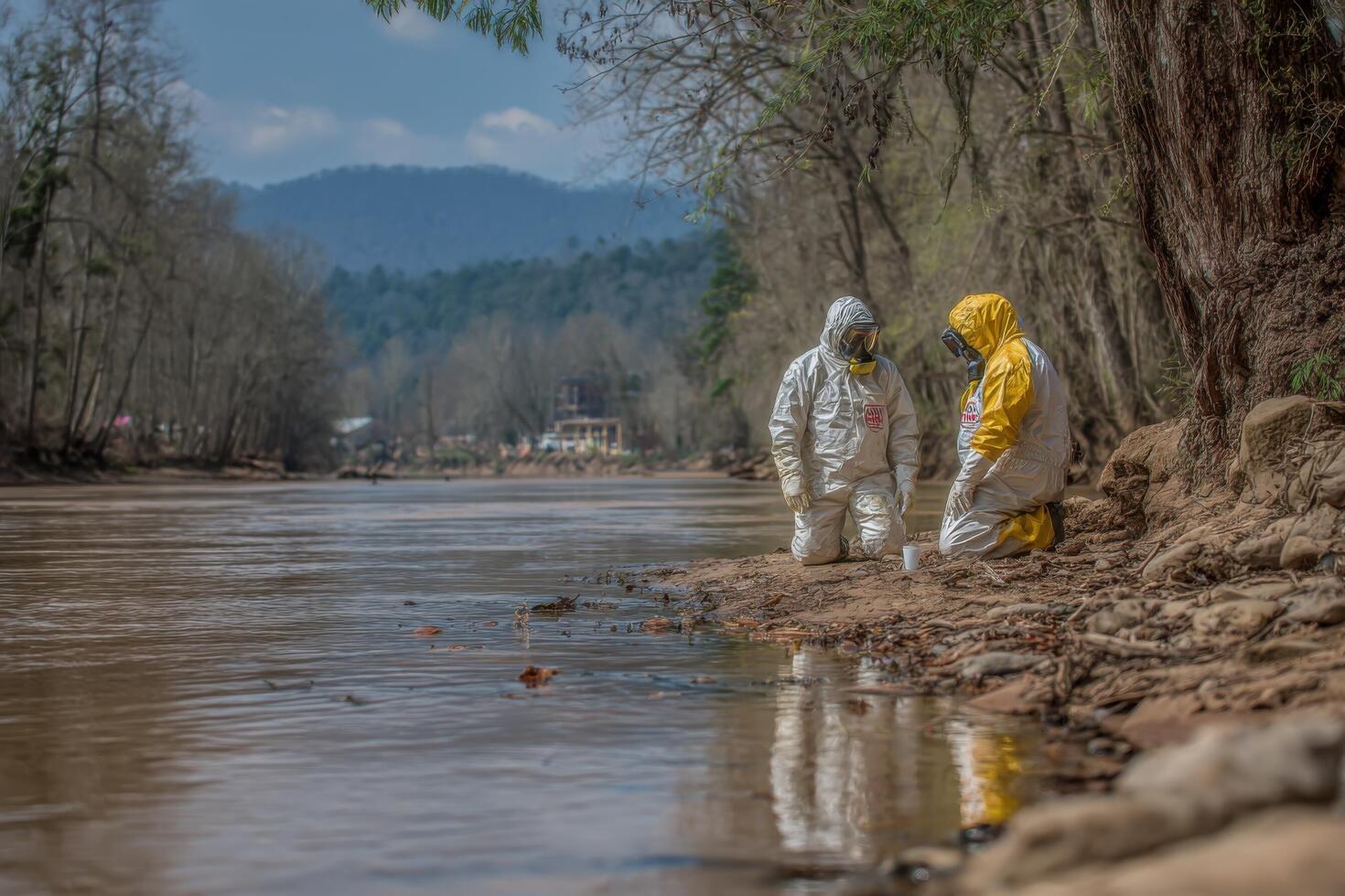 Two environmental workers in protective suits collect water samples by the river, ensuring safety and monitoring water quality in nature photo