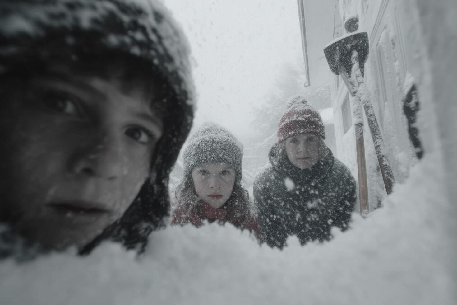Three children look out curiously from their snowy retreat as blizzard conditions envelop their surroundings photo