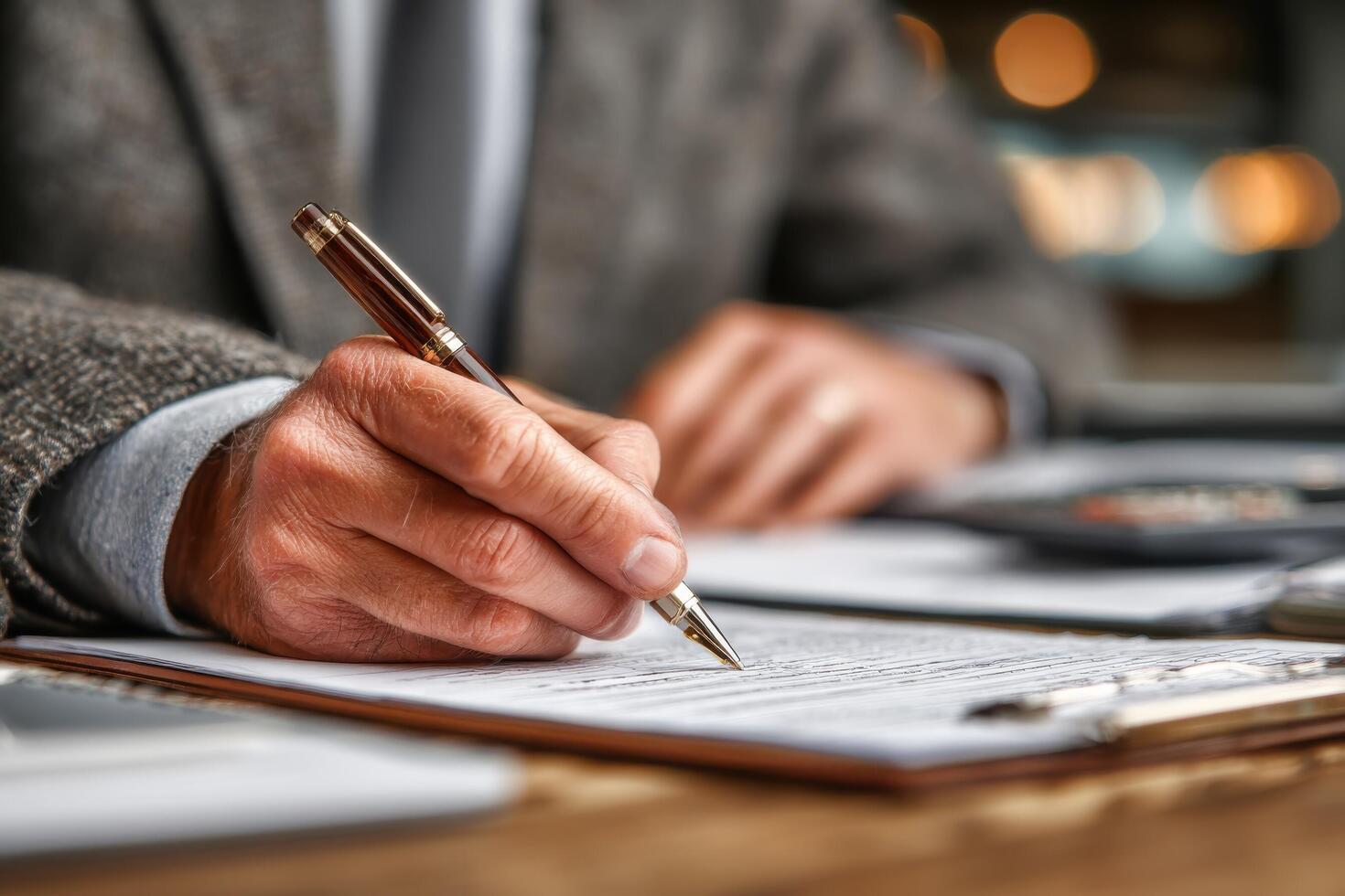 A business professional is focused on writing with a pen on a document, surrounded by various office materials in a well-lit workspace photo
