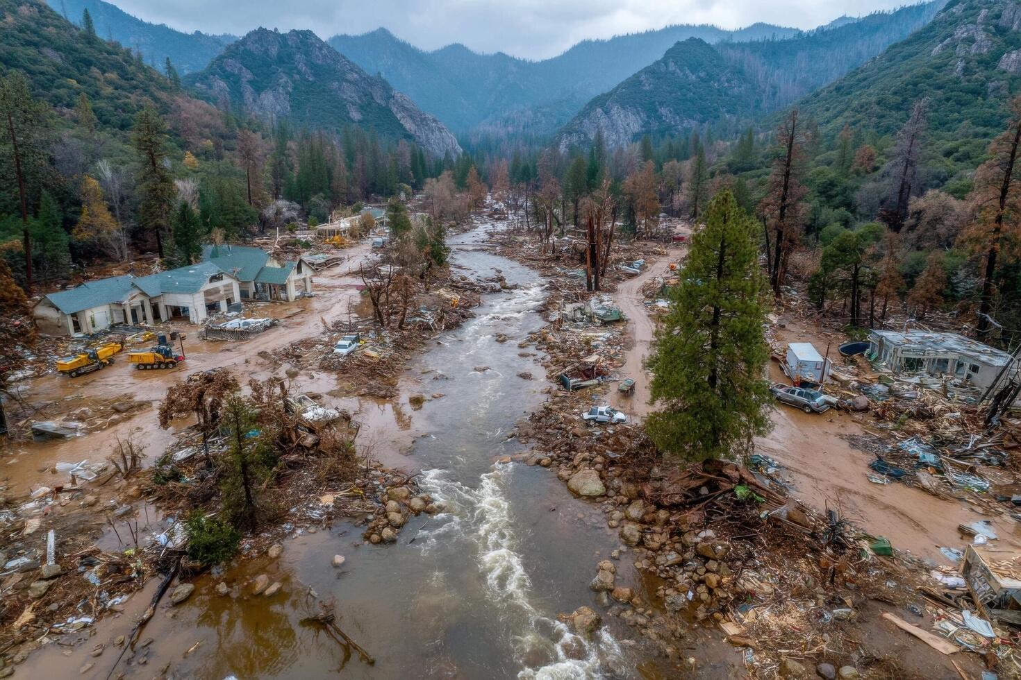 Floodwaters have devastated the valley, leaving debris scattered among damaged structures and fallen trees amidst steep mountains photo