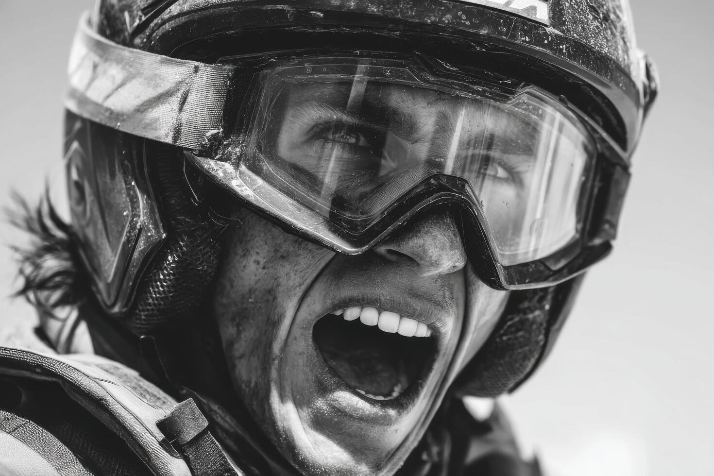 A motocross rider with a helmet and goggles passionately shouts, showcasing determination and excitement in a thrilling competition photo