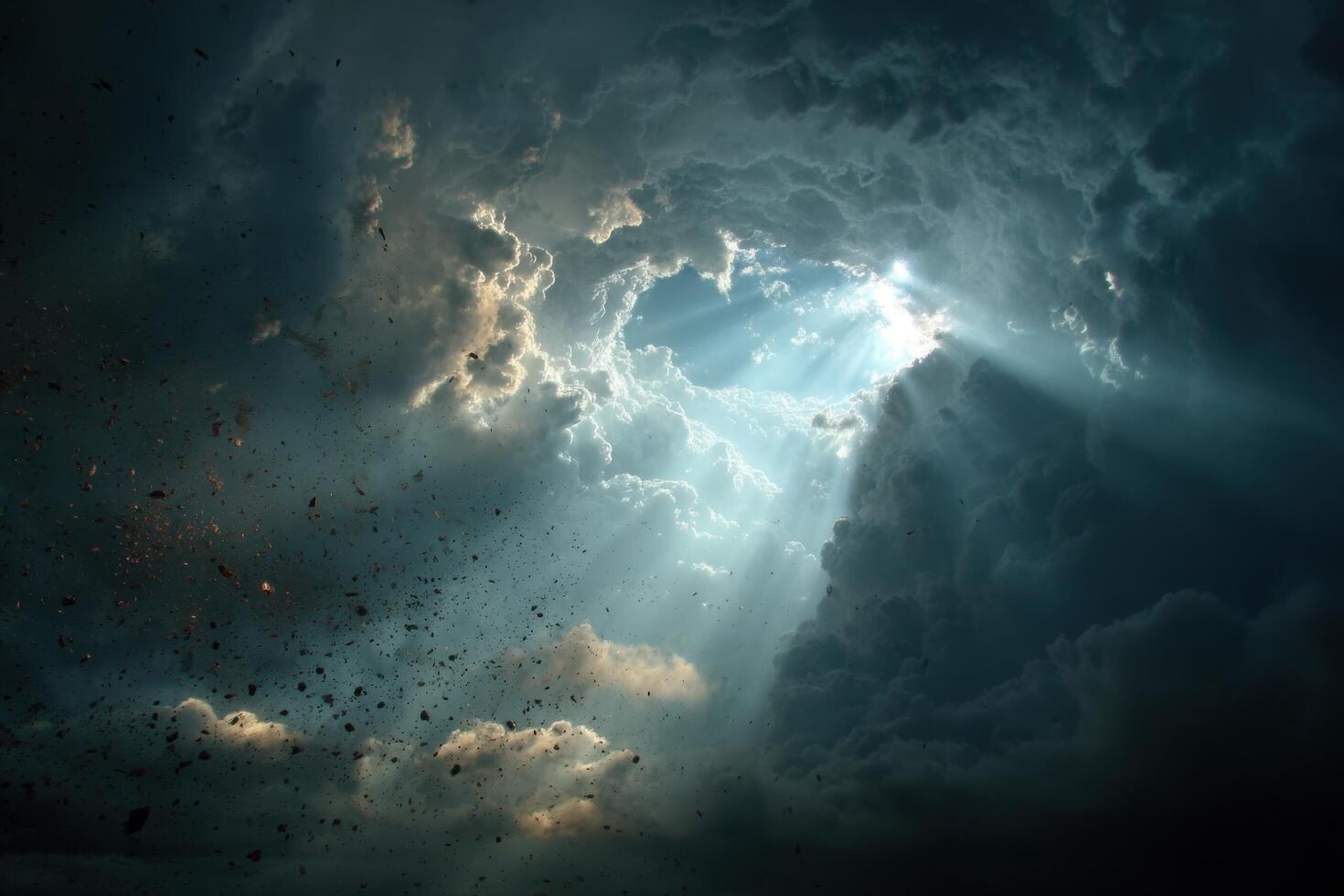 Dark storm clouds break apart, allowing sunlight to stream through, creating a stunning display of nature's power and beauty photo