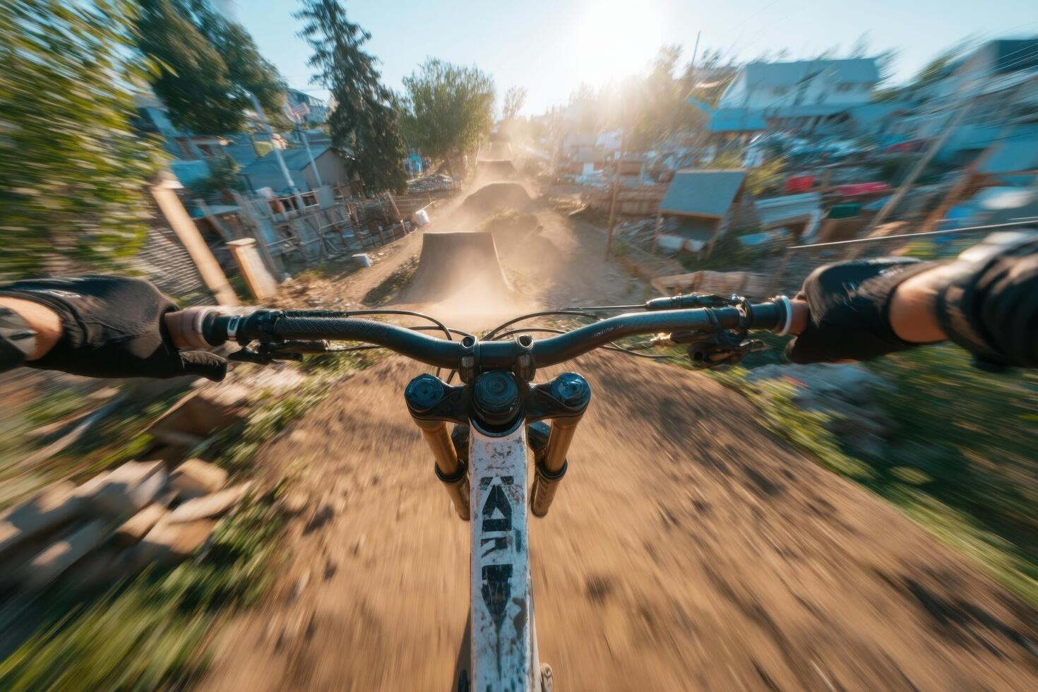 Cyclist rides swiftly along a dirt track, flying over jumps with the sun setting in the background, showcasing a thrilling adventure photo