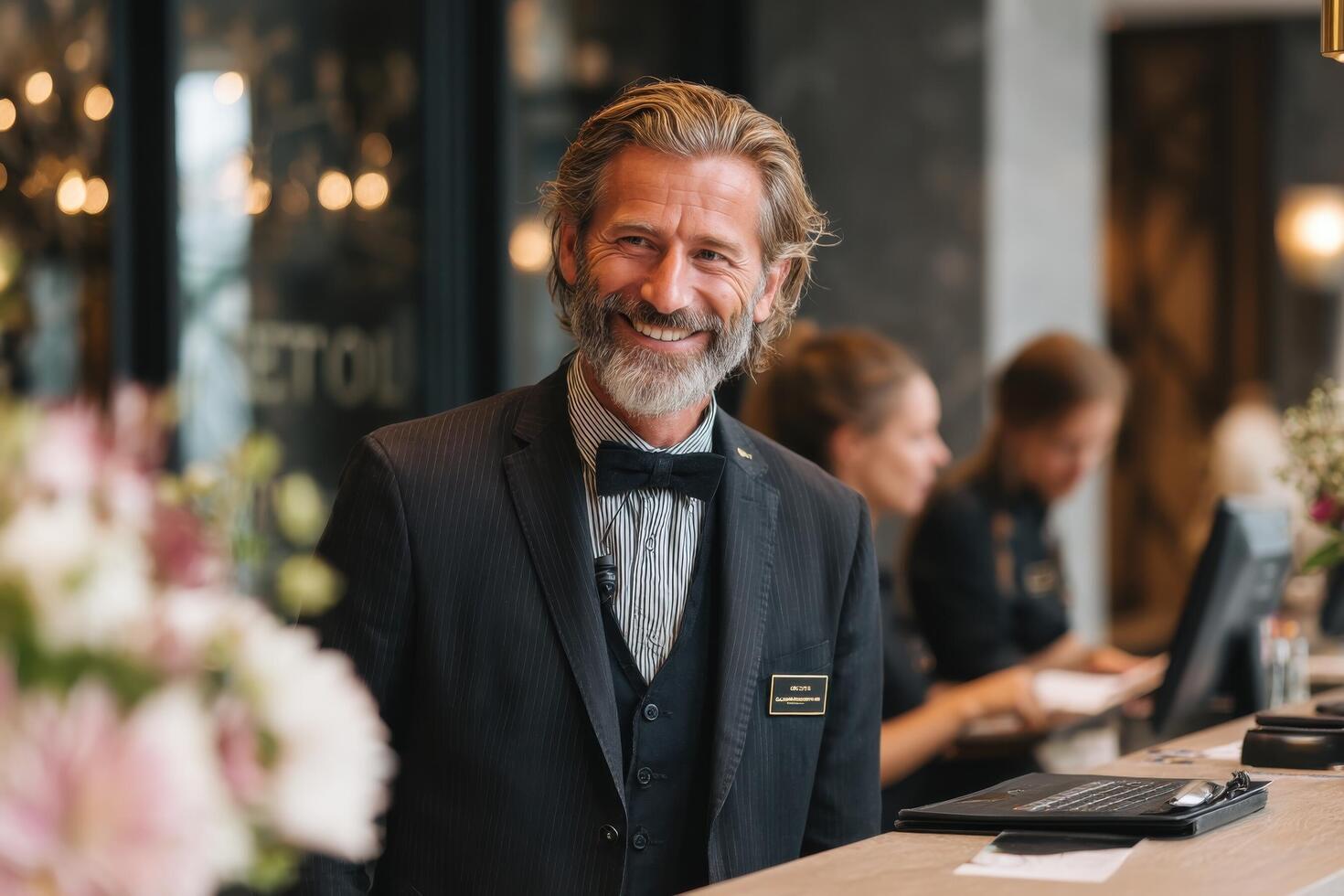 A friendly hotel receptionist greets arriving guests at the front desk in an elegant lobby filled with floral arrangements photo