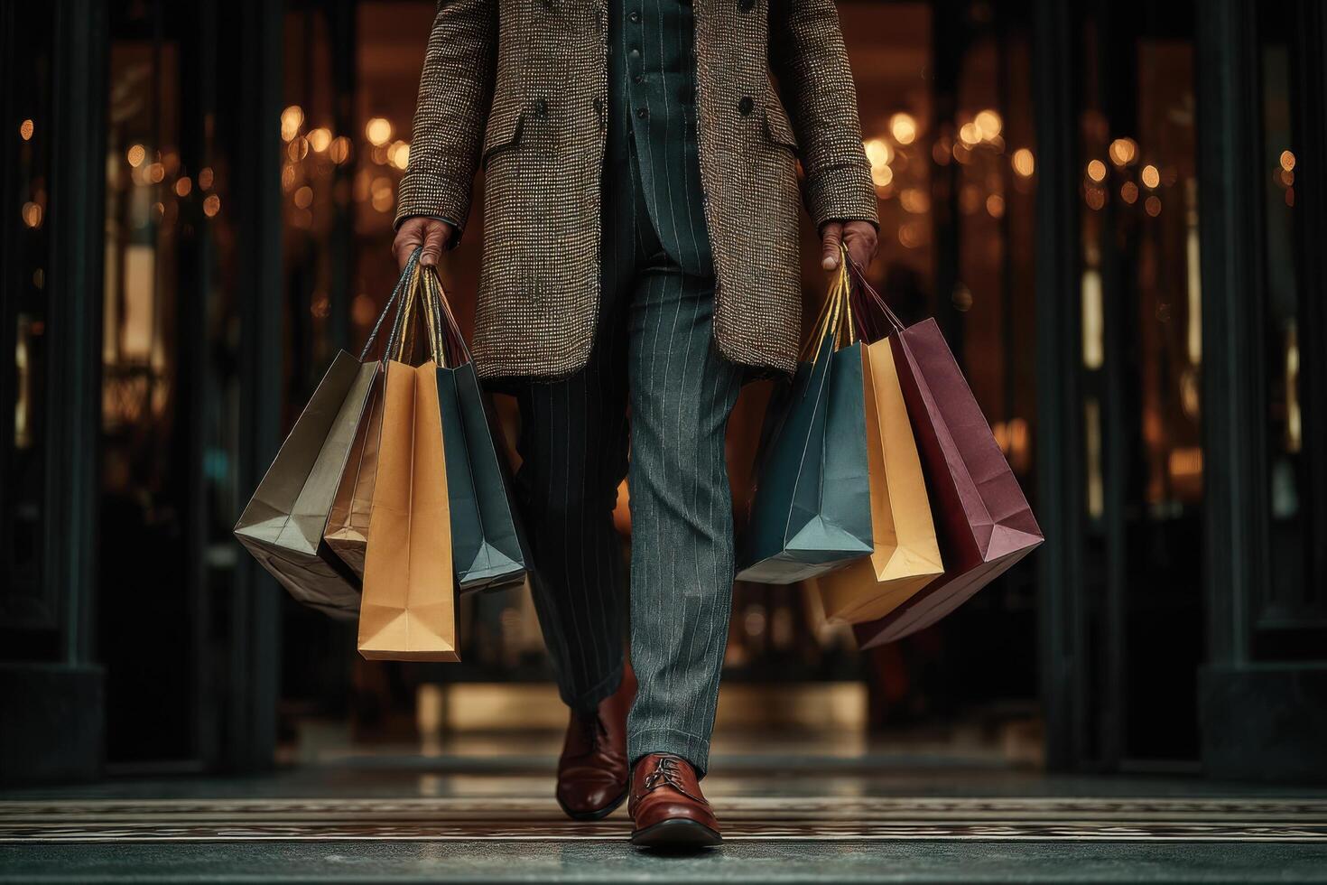 A fashionable person leaves a retail store, holding colorful shopping bags filled with recent purchases during the evening photo