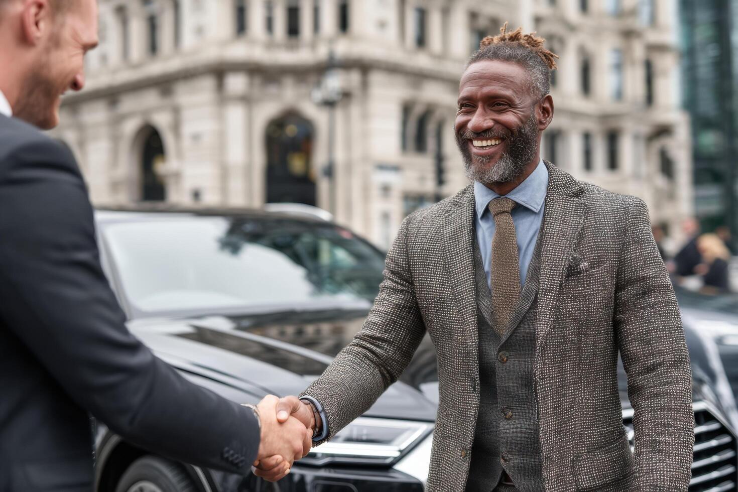 Two men in formal attire greet each other with a handshake while standing near an elegant car outside a modern building photo