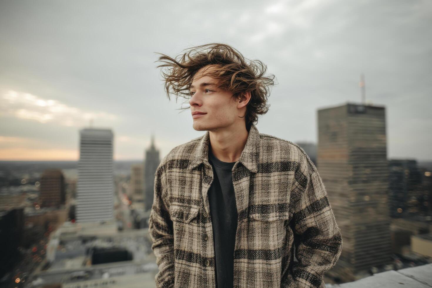 A young man stands on a rooftop, gazing at the city skyline during sunset as the wind blows through his hair photo
