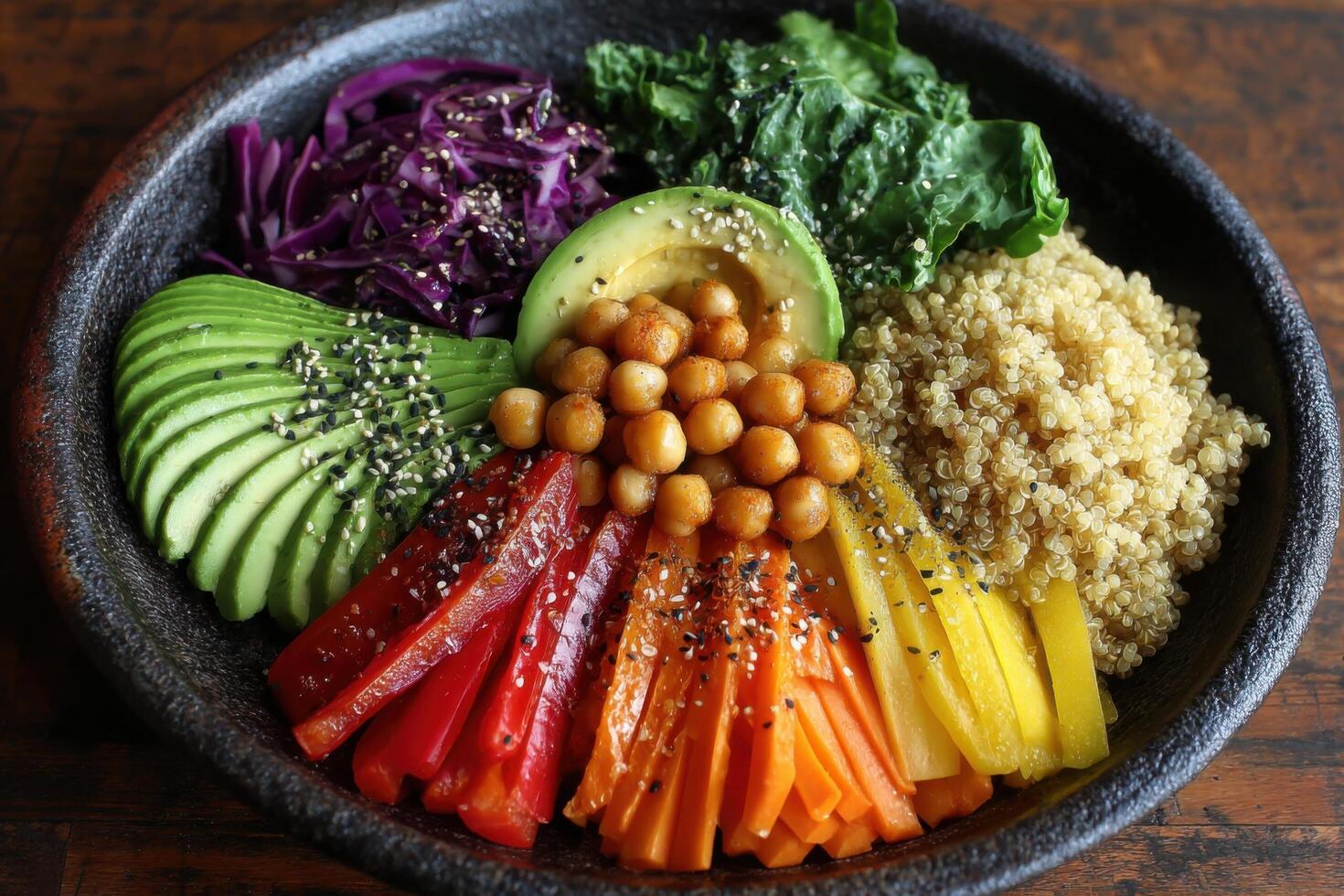 A vibrant selection of avocado, peppers, and greens accompanied by quinoa and chickpeas creates a healthy meal in a rustic bowl photo