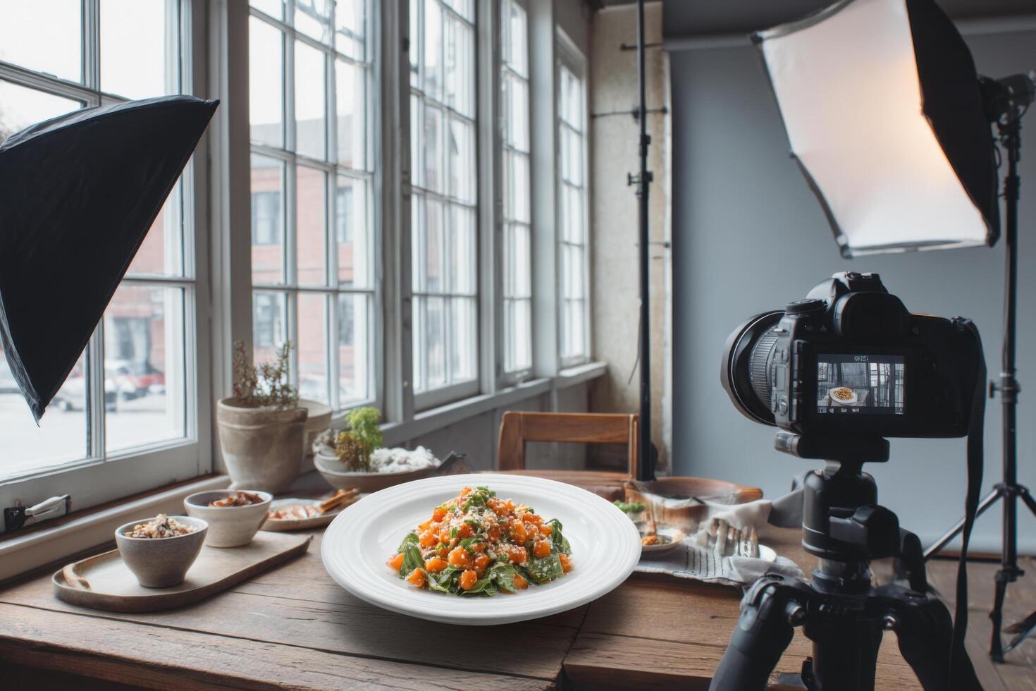 A deliciously plated dish is showcased in a well-lit restaurant with photography equipment set up nearby, creating a warm atmosphere photo