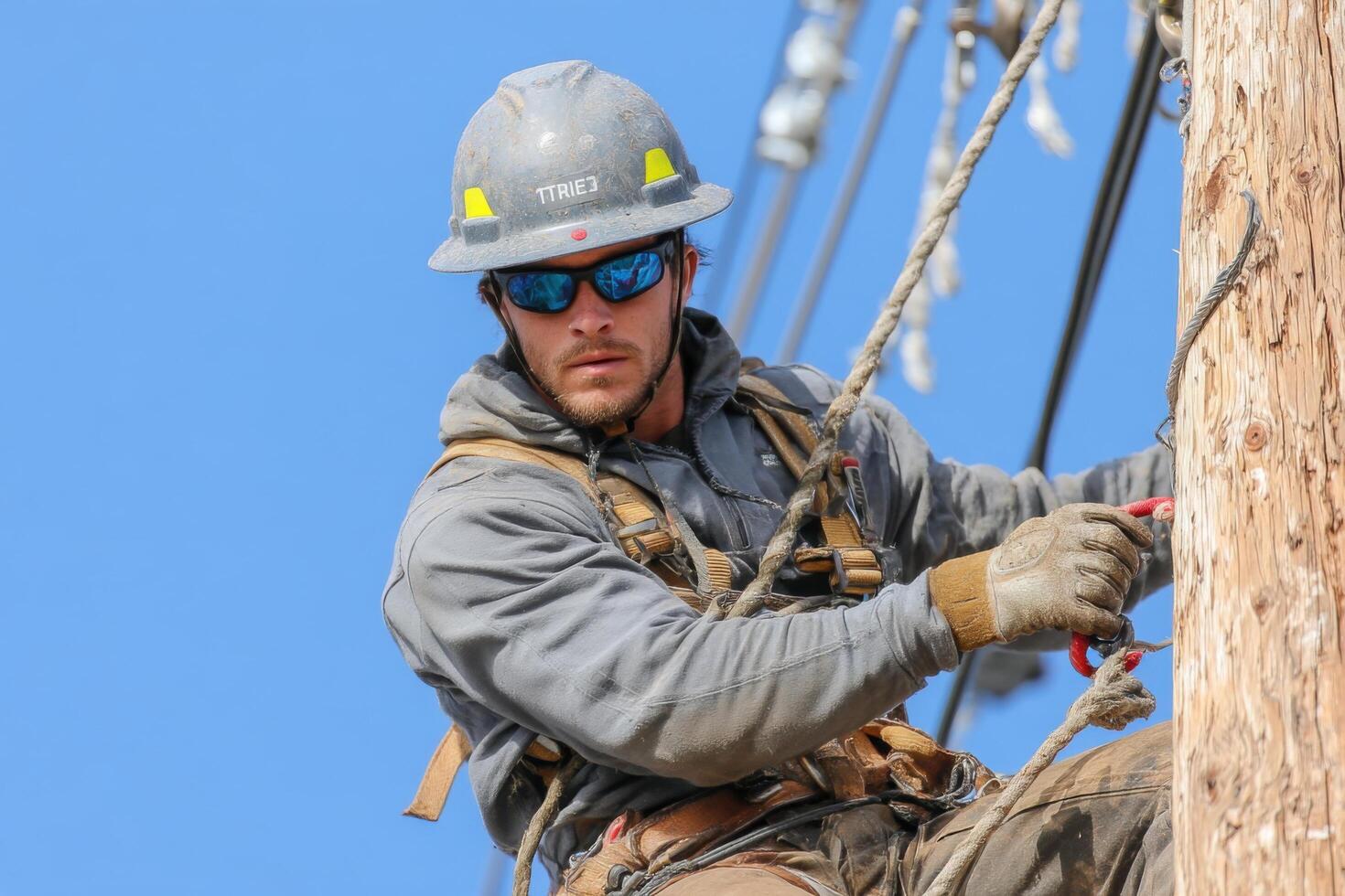 A skilled worker in a hard hat and sunglasses climbs a utility pole, preparing to conduct maintenance on electrical wiring under clear skies photo