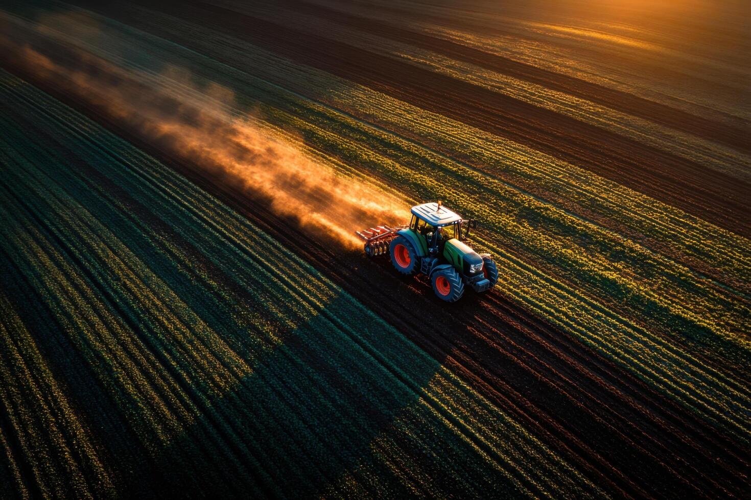 A tractor is working the farmland at sunset, creating dust clouds over freshly turned soil, illustrating autumn harvest preparation photo