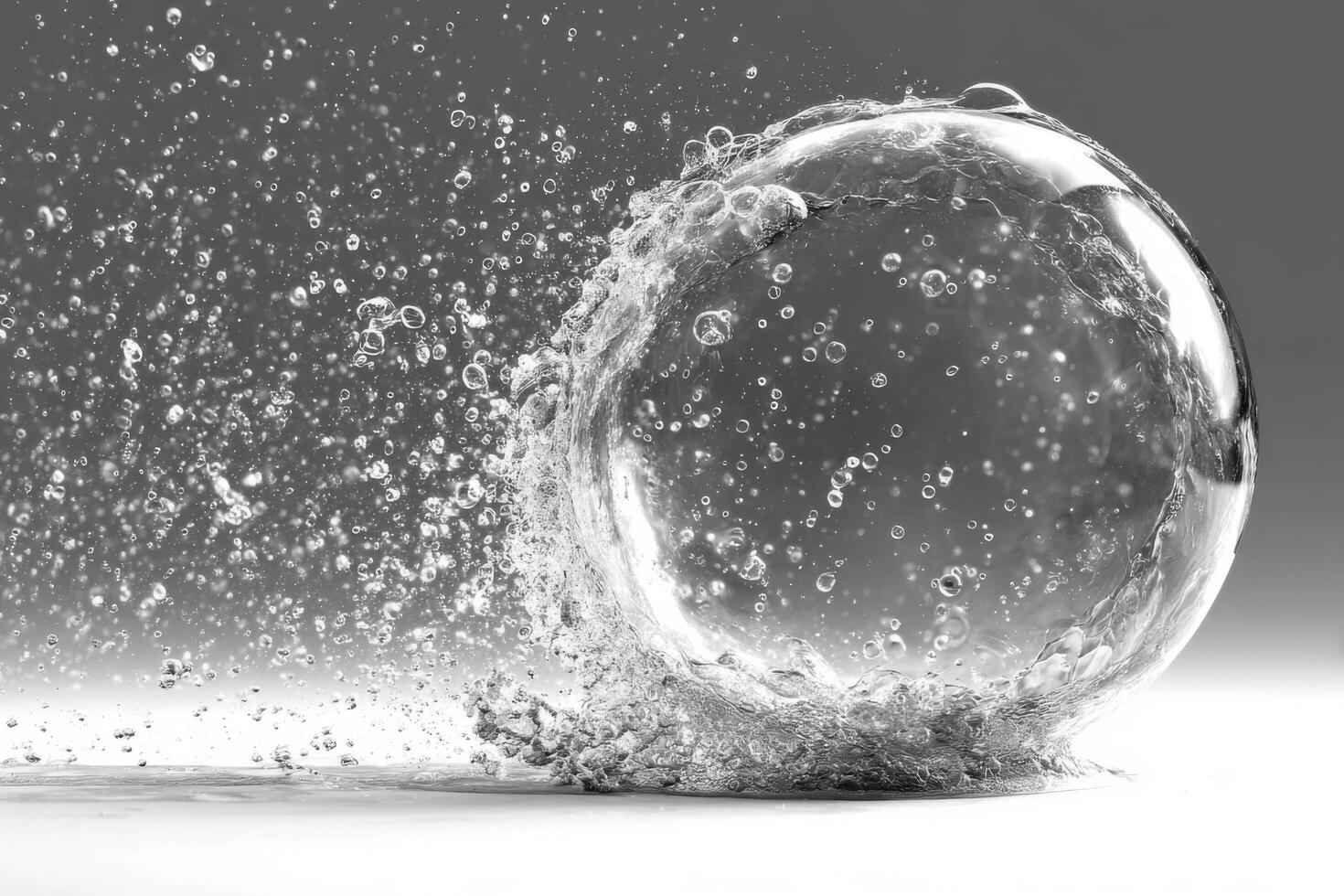 Droplets are scattering around a clear sphere as it creates a mesmerizing splash effect, highlighting movement and texture photo