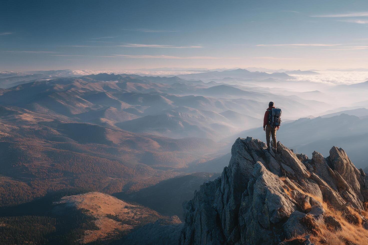 Hiker enjoys breathtaking views from a high mountain summit during early morning light, showcasing vast terrains and distant peaks photo