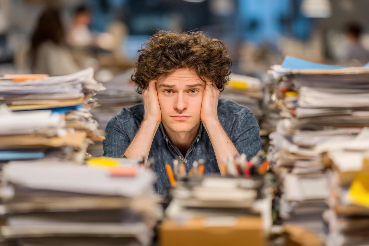 Young man looks stressed with his head in his hands surrounded by cluttered paperwork on an office desk during a busy workday photo