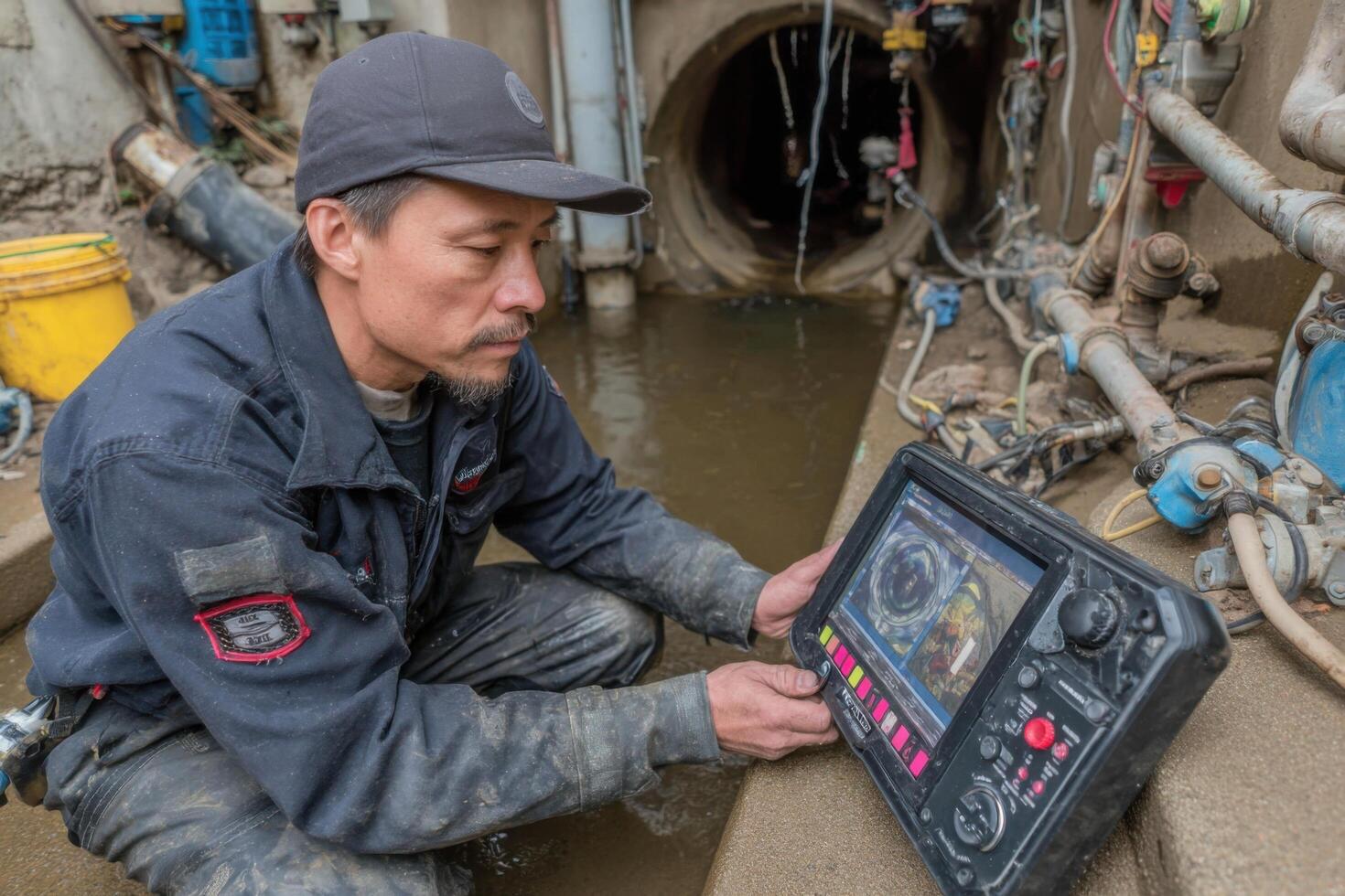 A focused worker uses specialized equipment to examine an underground pipeline in a city while surrounded by water and tools photo
