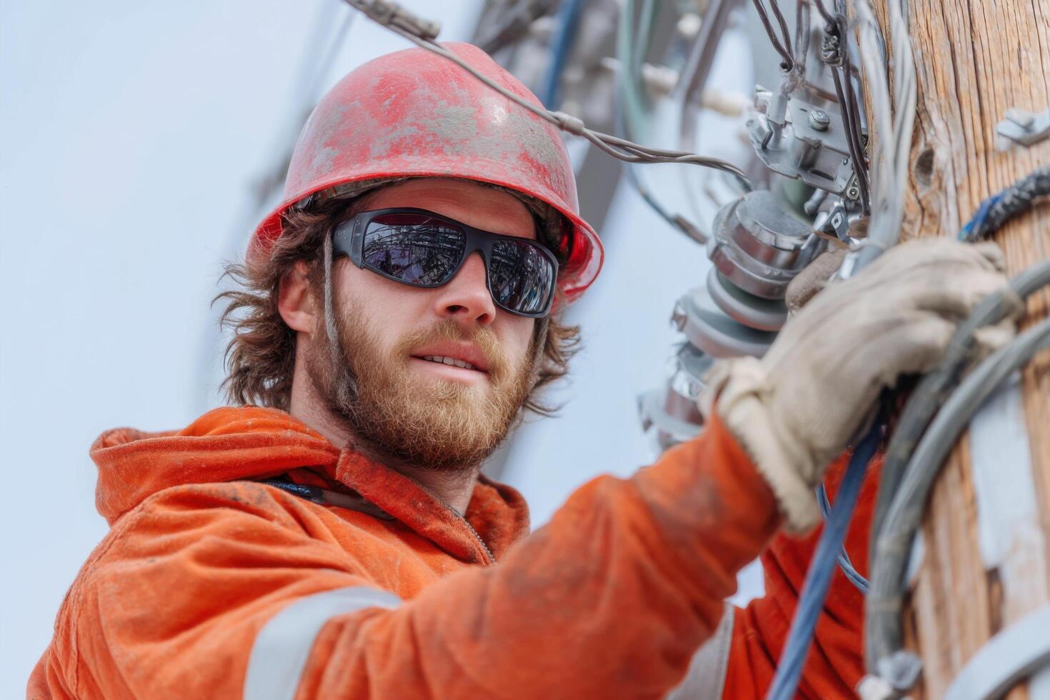 A worker wearing sunglasses and a hard hat is safely installing electrical components on a utility pole in snowy conditions photo