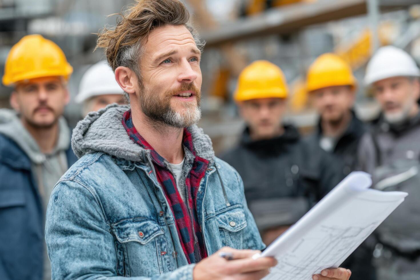 A construction site manager presents plans to a group of workers in hard hats, focusing on teamwork and project details amidst machinery photo
