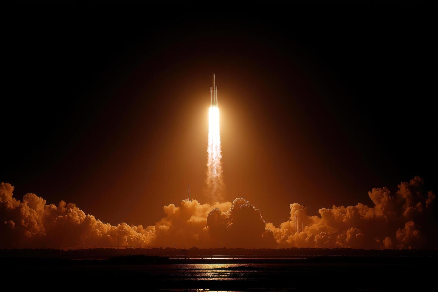 Bright flames erupt from the rocket as it ascends into the night sky, leaving a trail of smoke against the dark backdrop, inspiring awe photo