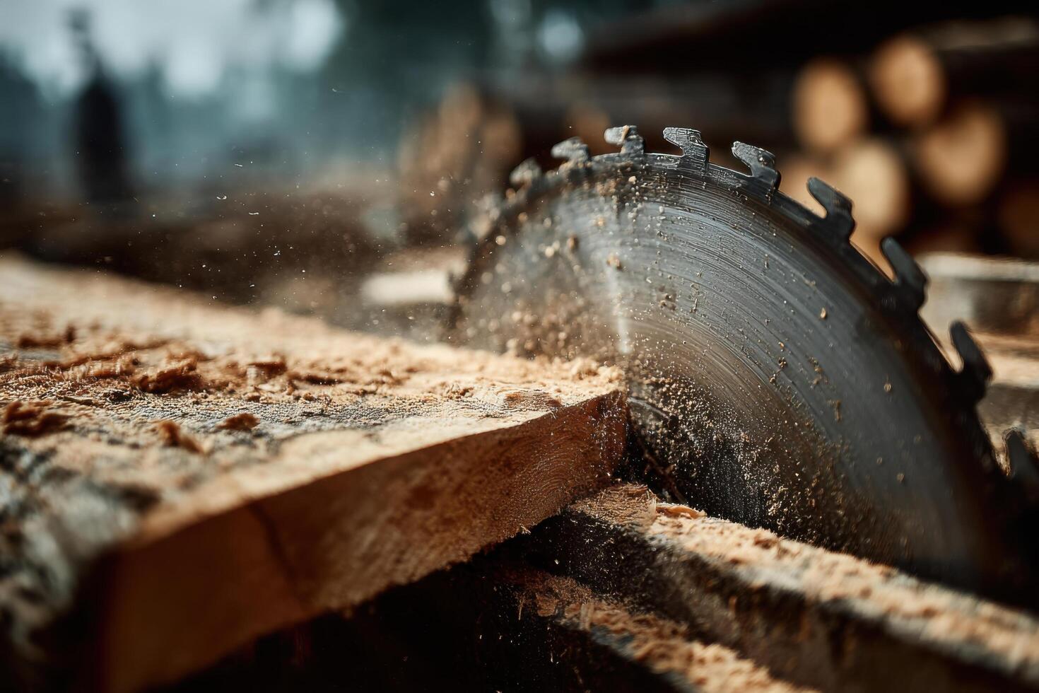 A circular saw is cutting a log, sending sawdust into the air in a lumberyard filled with timber during the daytime photo