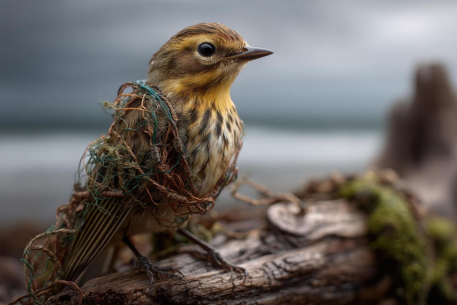 A small bird is entangled in colorful fishing net while perched on a weathered log near the shoreline, highlighting environmental concerns photo