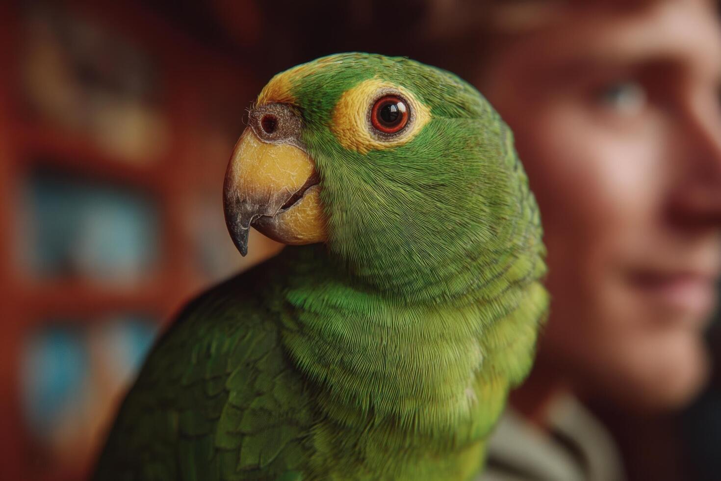 A vibrant green parrot rests on a person's shoulder, showcasing its bright feathers while the person smiles softly in a warm indoor space photo