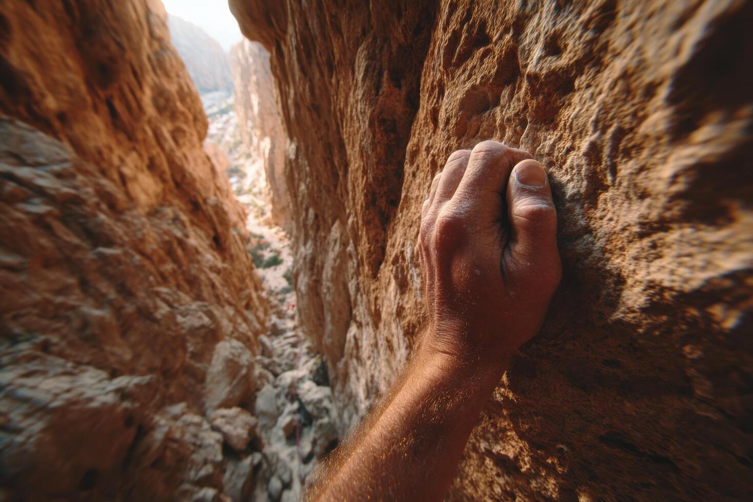 A climber's hand firmly holds onto a rocky surface while navigating through a narrow canyon illuminated by sunset light photo