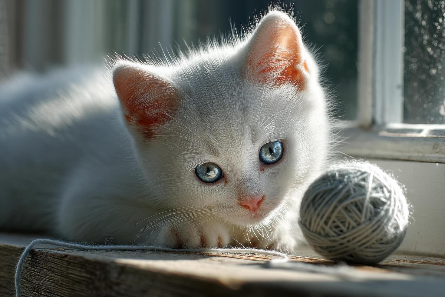 A curious white kitten with striking blue eyes plays with a soft ball of yarn while resting on a windowsill in warm sunlight photo