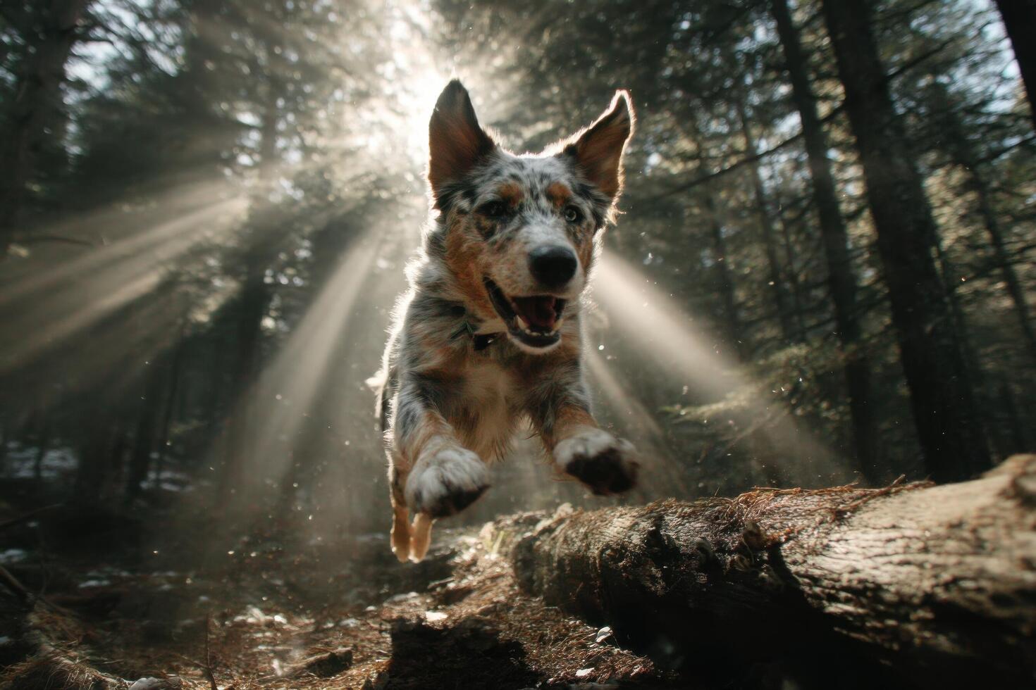 A joyful dog runs and jumps through a sun-drenched forest, highlighting its playful attitude and the beauty of nature photo