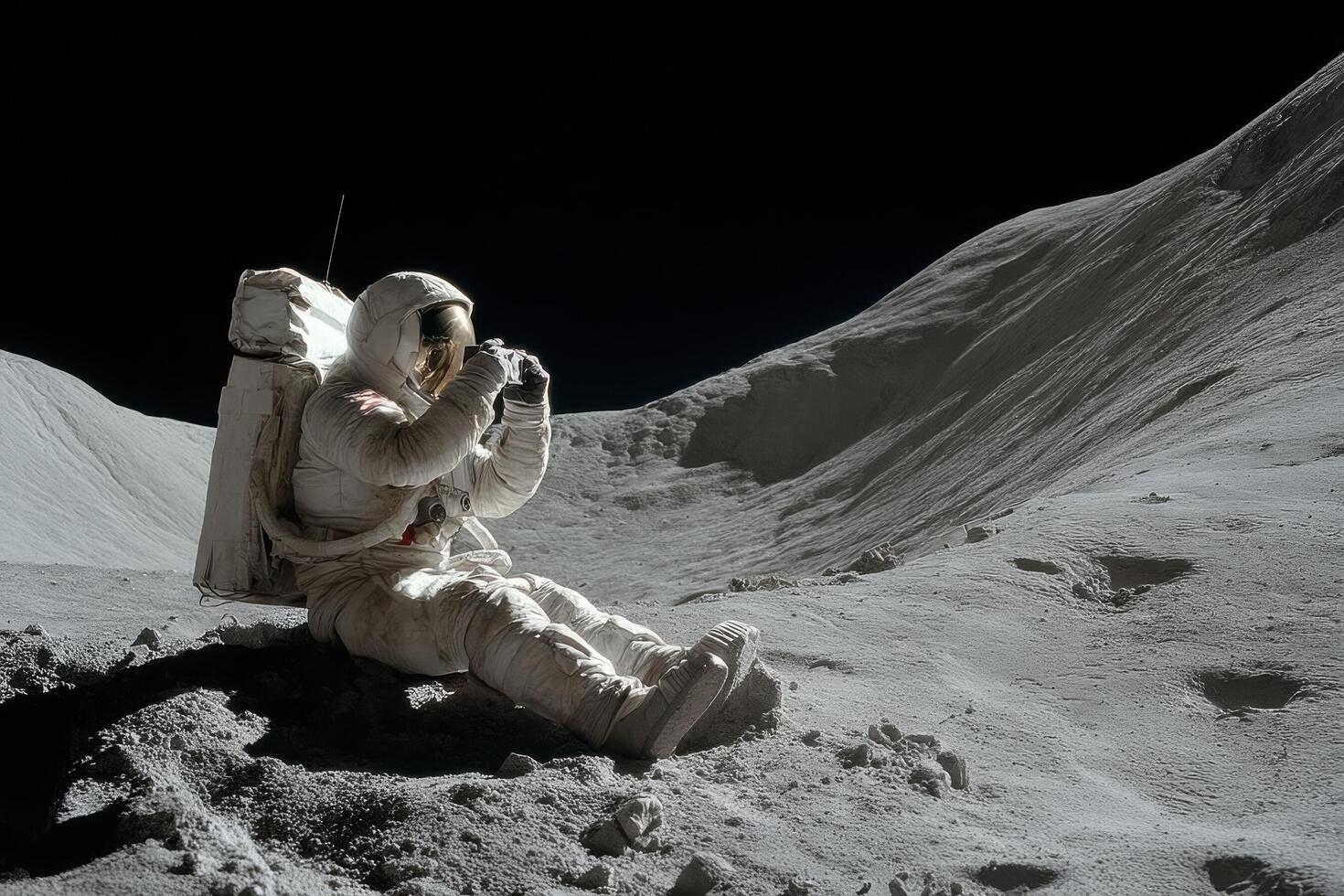 An astronaut sits on the moon's surface, capturing the unique lunar terrain with a camera, while distant stars glimmer overhead photo