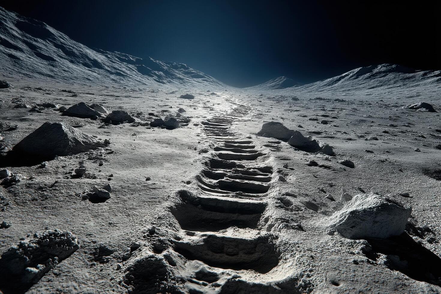 Footprints trail across the moon's dusty surface, revealing the stark contrast of light and shadow in a desolate expanse photo
