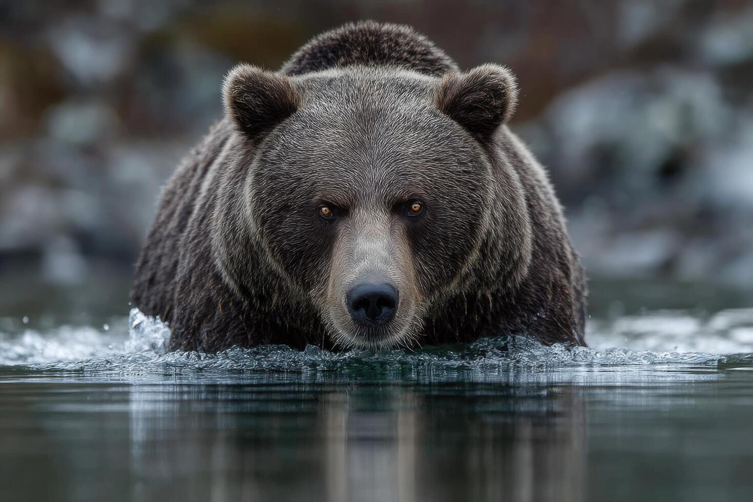 A grizzly bear swims through a calm river, focusing on its surroundings in a serene landscape of natural beauty at dawn photo