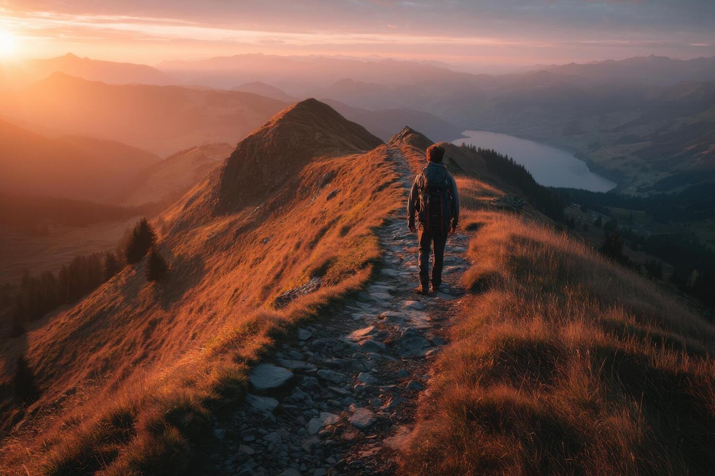 A hiker walks on a rocky path at sunset, surrounded by glowing hills and expansive views of distant mountains and lakes photo