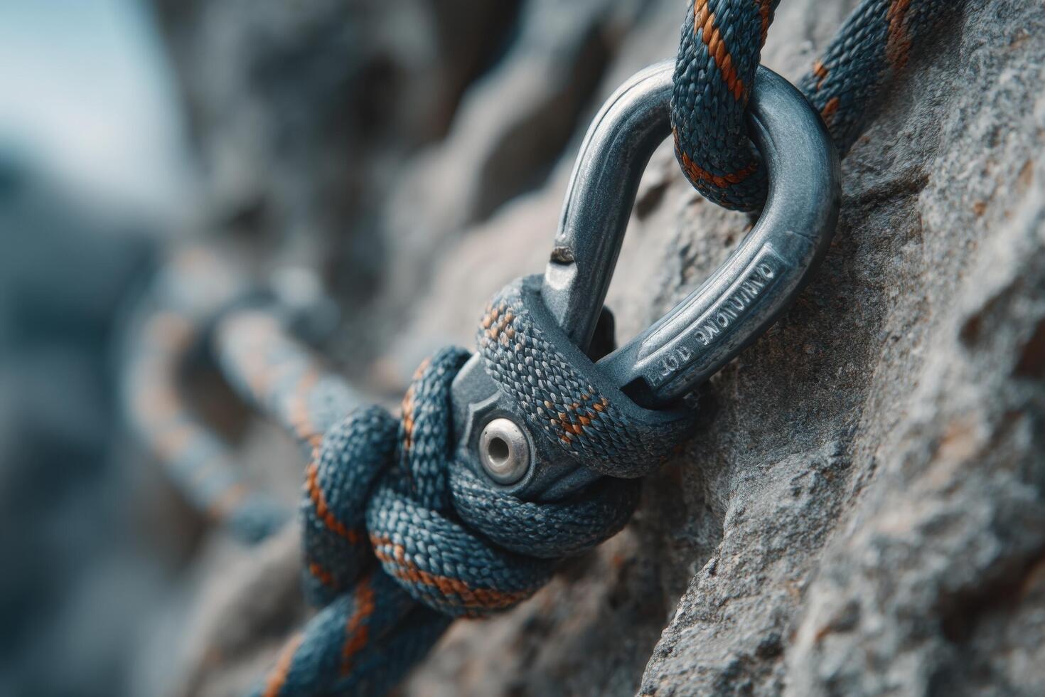 A metal carabiner attached to a brightly colored climbing rope rests against a jagged rock face in an outdoor climbing environment photo