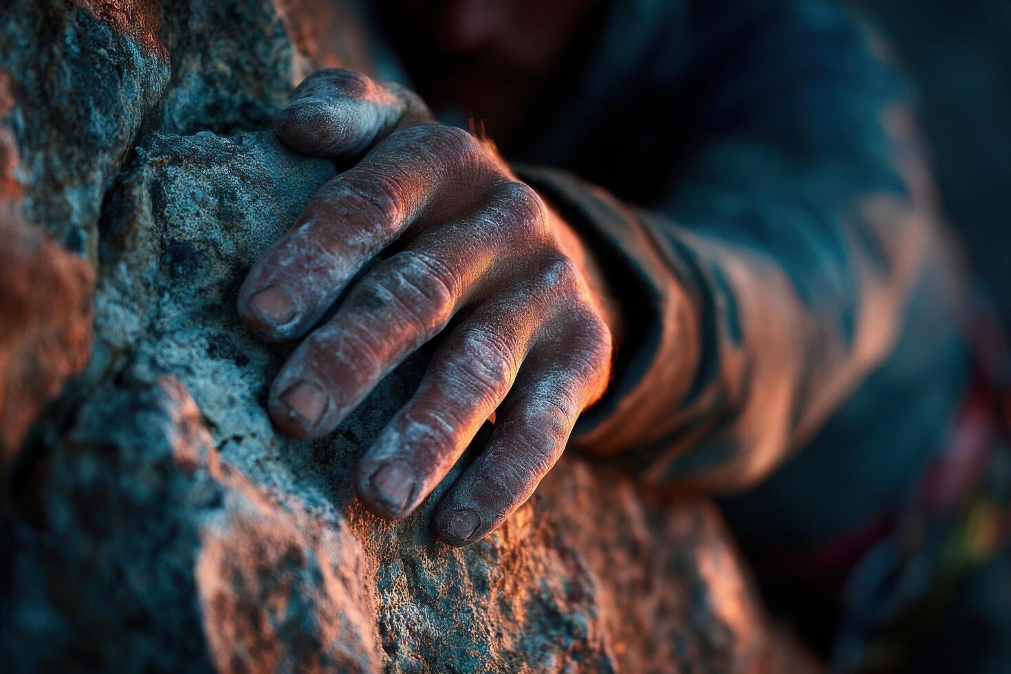 Hands covered in chalk grasp a rugged rock face as a climber navigates the challenging slope at sunset photo
