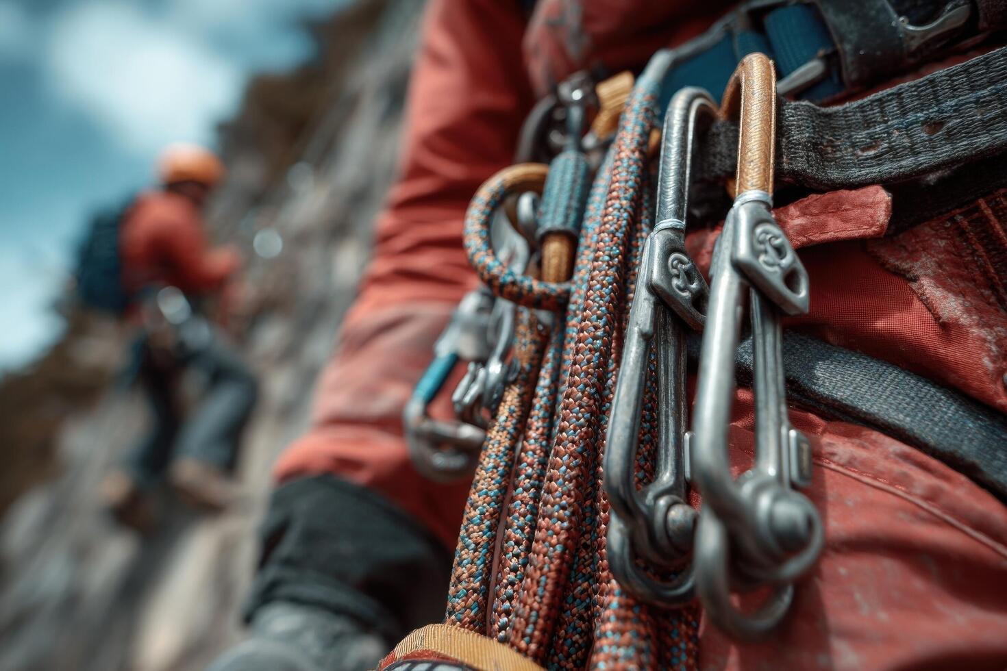 A climber checks their safety equipment and ropes while ascending a challenging rock wall with a bright blue sky overhead photo