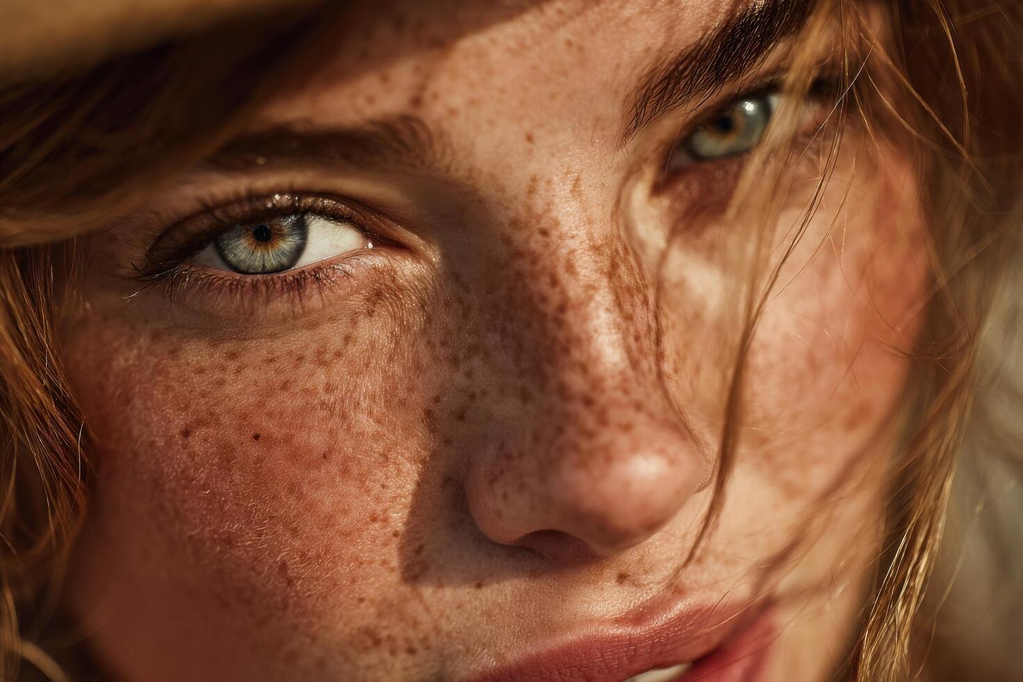 Bright eyes and freckled skin are highlighted against a warm backdrop, emphasizing natural beauty during golden hour photo