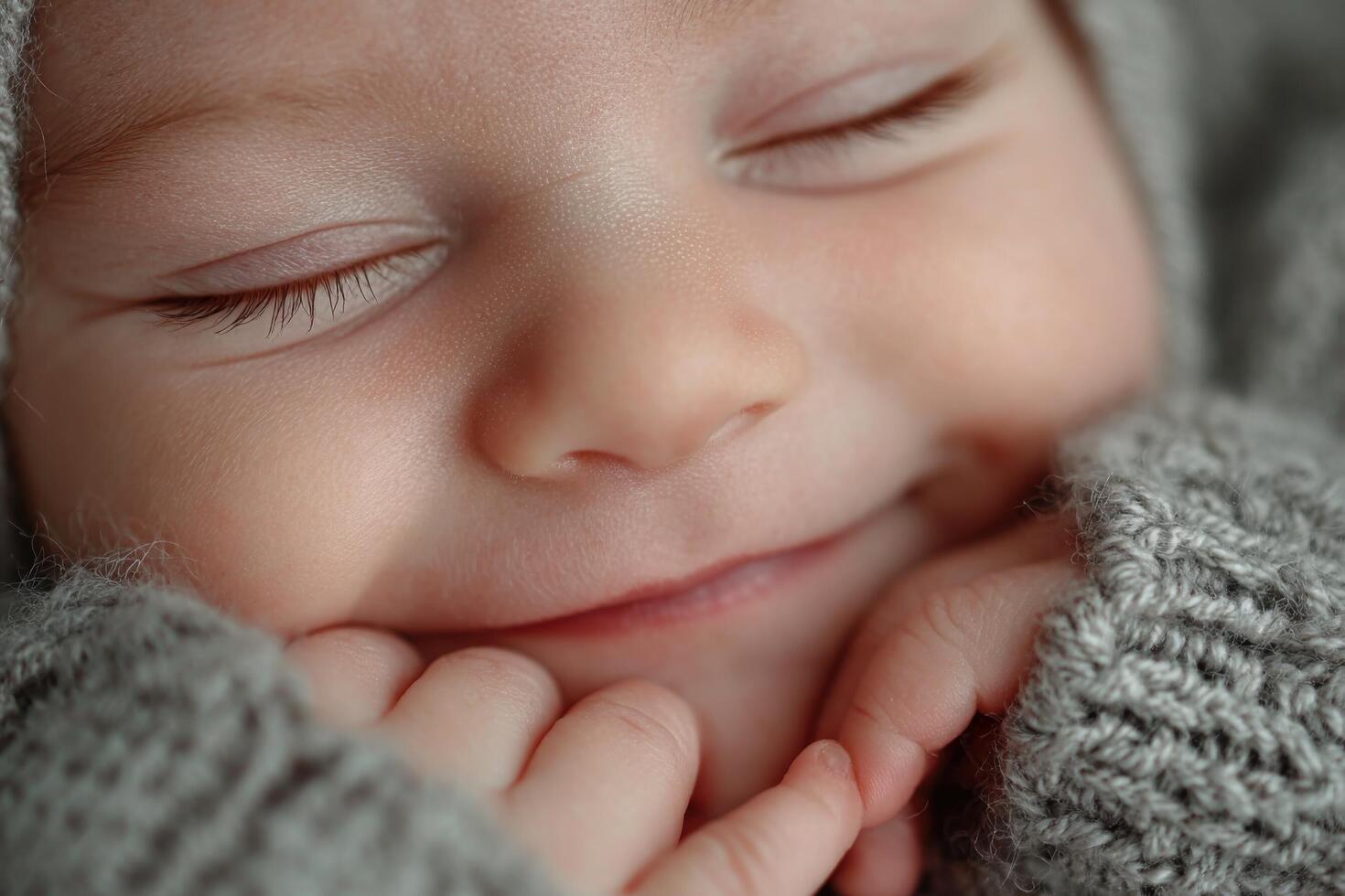 A joyful baby smiles with closed eyes, wearing soft knitted clothing, enjoying a warm and serene moment while resting photo