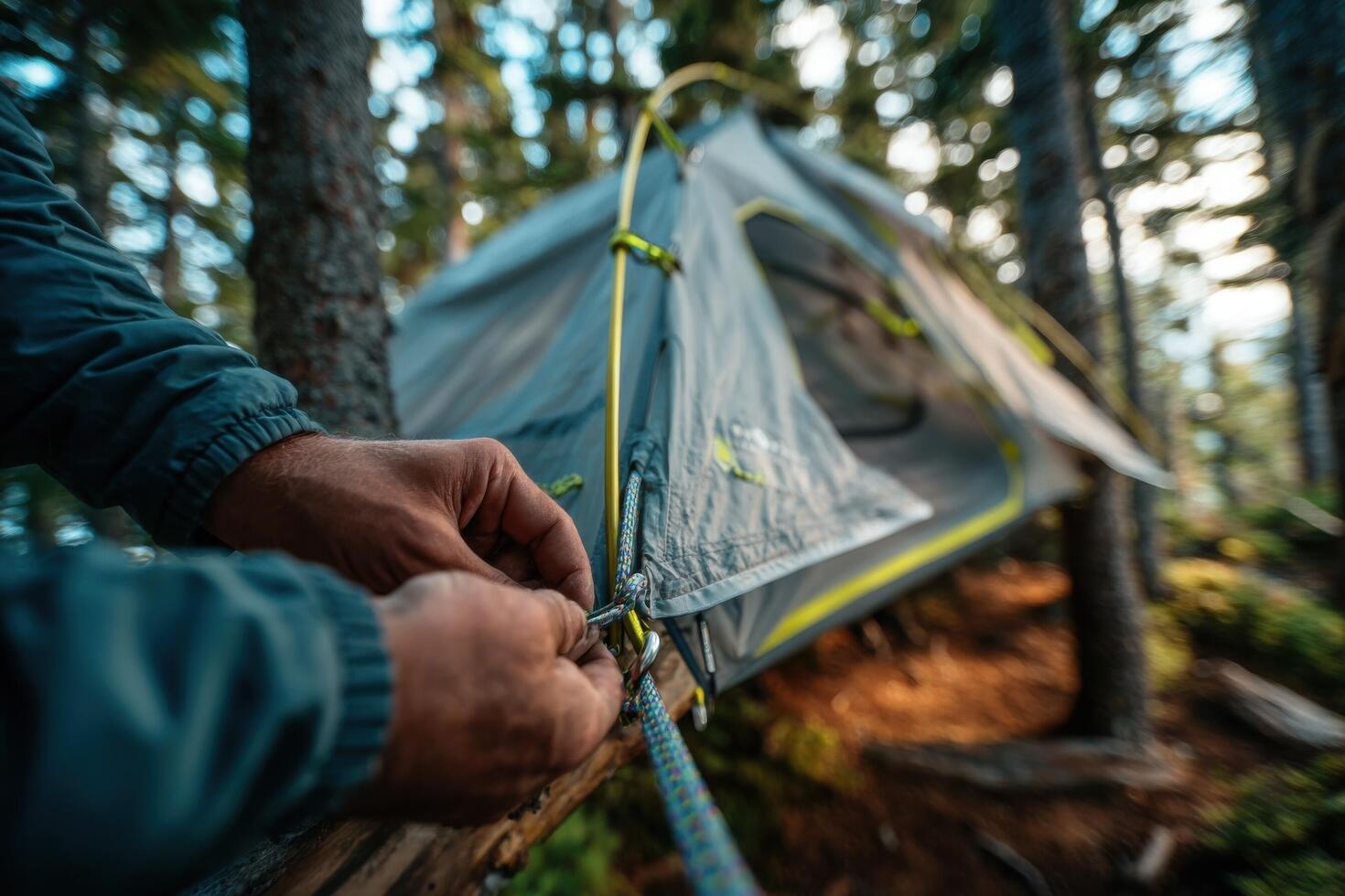 A person secures a tent in a peaceful forest, surrounded by tall trees and soft morning light, ready for a camping experience photo