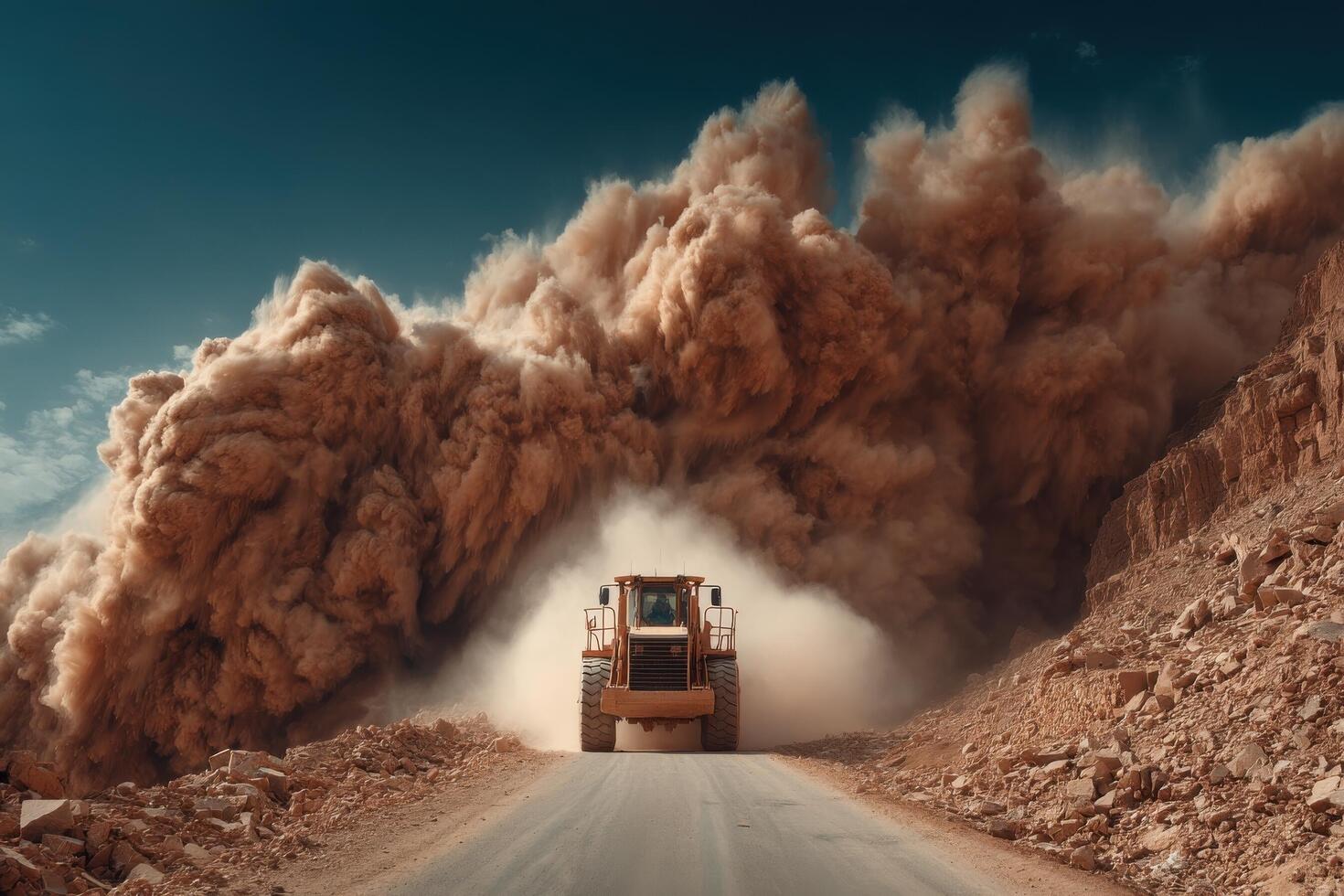 Heavy machinery works to clear a rugged landscape, sending huge clouds of dust into the air on a bright day photo