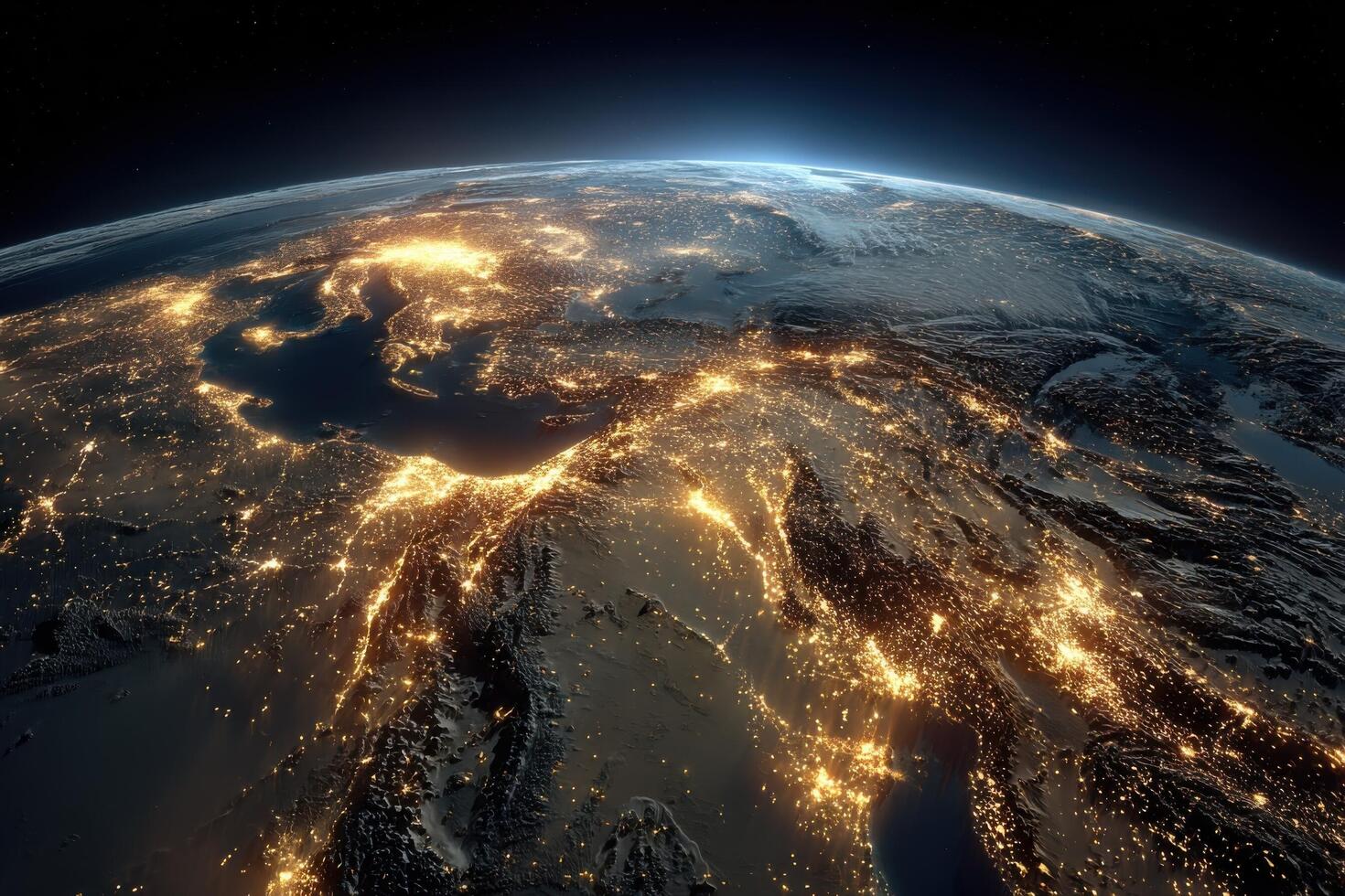 Vast nighttime perspective of Europe and Asia, highlighting illuminated cities and networked roads against darkness photo