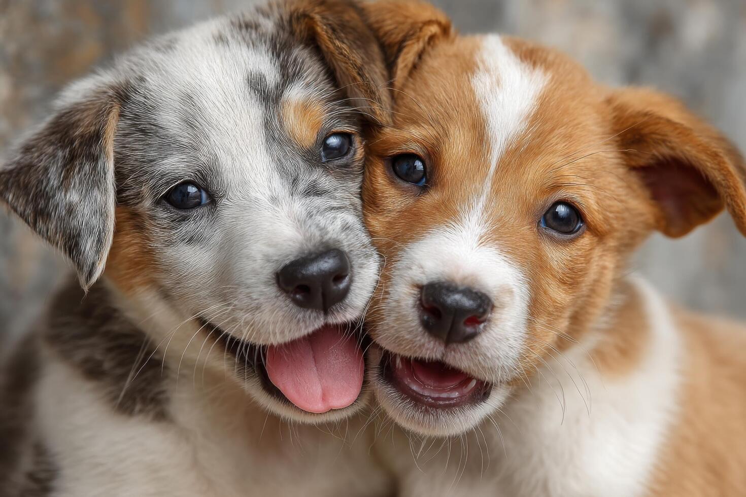 Two playful puppies snuggle together, displaying their vibrant personalities with wagging tails and curious expressions in a charming environment photo